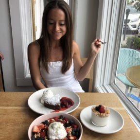 Jackie ready to eat dessert at The Little Beet Table