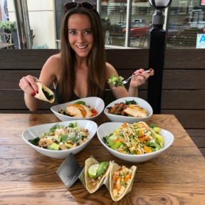 Jackie eating tacos in Sharky's Mexican Grill