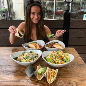 Jackie eating tacos and bowls at Sharky's Mexican Grill