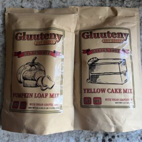 Gluten-free pumpkin loaf mix and yellow cake mix from Gluuteny