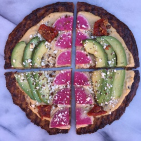 Cauliflower Pizza with Hummus, Watermelon Radish, Avocado, Feta in 4 slices