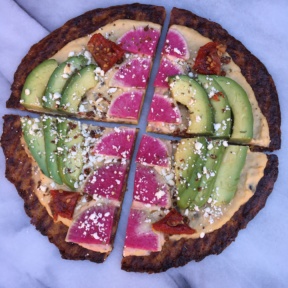 Cauliflower Pizza with Hummus, Watermelon Radish, Avocado