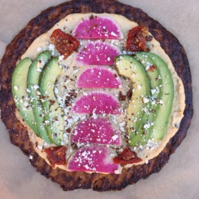 Gluten-free Cauliflower Pizza with Hummus, Watermelon Radish, Avocado