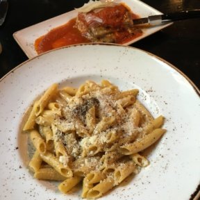 Gluten-free pasta and eggplant parmesan from Felice