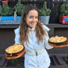 Jackie enjoying gluten-free mac & cheese from Cheese Grille