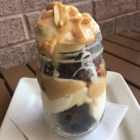 Gluten-free parfait with chocolate cake and peanut butter