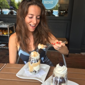 Jackie eating cake parfaits from Brick + Wood