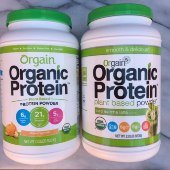 Peanut butter and iced matcha latte protein powders by Orgain
