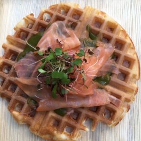 Gluten-free smoked salmon waffle from Inday