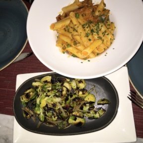 Gluten-free pasta and brussels sprouts from Petaluma