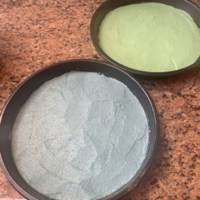 Blue and green cakes ready for the oven