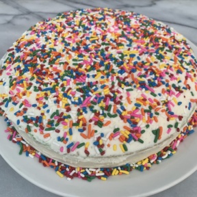 Delicious gluten-free Checkerboard Cake with buttercream frosting