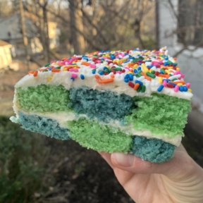 A slice of Easter Checkerboard Cake