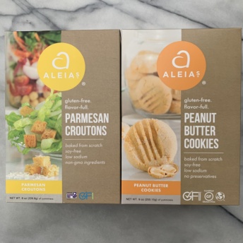 Gluten-free parmesan croutons and peanut butter cookies by Aleia's