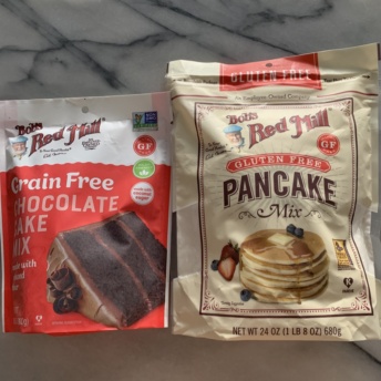 Gluten-free pancake mix and grain-free chocolate cake mix by Bob's Red Mill