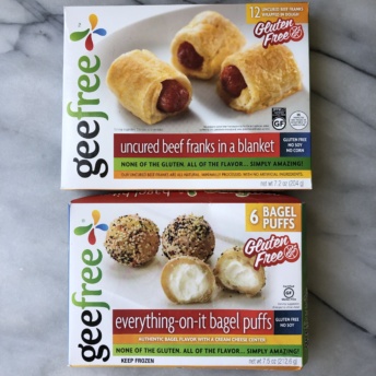 Gluten-free franks and bagel puffs by Gee Free Foods