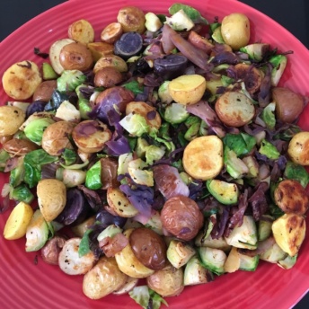 Marble potatoes & Brussels sprouts hash combined and plated
