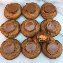 Gluten-free Peanut Butter Cup Cookies on a marble slab