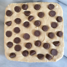 Peanut Butter Cup Fudge ready to be cut