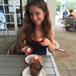 Jackie enjoying gluten-free cupcakes from Sugar and Scribe