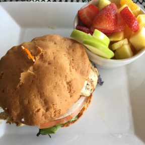 Gluten-free sandwich and fruit from Kozy Kitchen