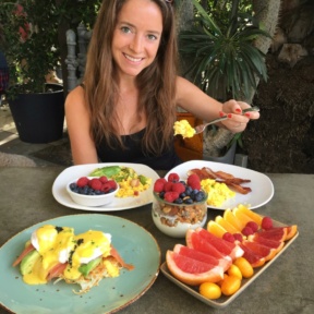 Jackie eating scrambled eggs at Cheeky's