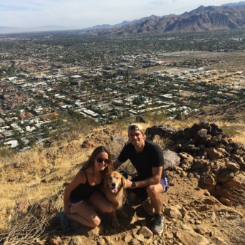 Jackie, Brendan, and Odie hiking in Palm Springs