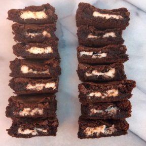 Stacks of gluten-free Peppermint Patty Stuffed Brownies