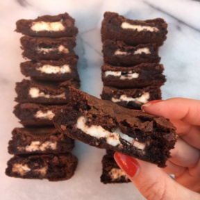 Stack of Peppermint Patty Stuffed Brownies