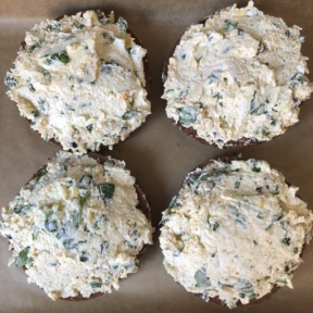 Spinach Artichoke Bagels about to go in the oven