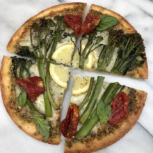 Lemon Broccolini on Pesto Pizza