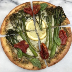 Gluten-free Lemon Broccolini on Pesto Pizza