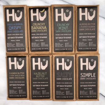 All eight flavors of gluten-free paleo chocolate from Hu Kitchen