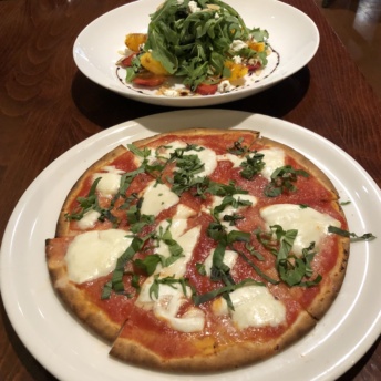 Gluten-free pizza and salad from Ella's Pizza