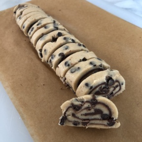 Sliced cookie dough for Brownie Swirl Cookies