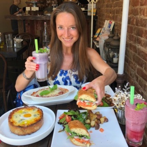 Jackie eating at Senza Gluten Cafe & Bakery