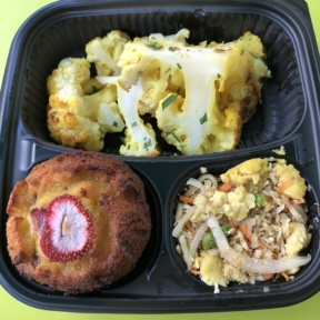 Gluten-free cauliflower, fried cauli rice, and muffin from Hu Kitchen