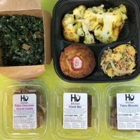 Gluten-free paleo baked goods and veggies from Hu Kitchen