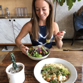 Jackie eating a gluten-free lunch at Harlow