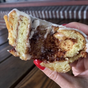 Inside of a gluten-free cinnamon roll at New Cascadia