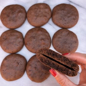 The inside of a Chocolate Peanut Butter Protein Cookie