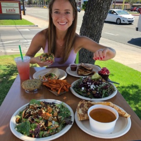 Jackie eating a gluten-free lunch at Green Tomato Grill