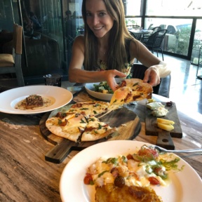 Jackie and her cheesy gluten-free pizza at No. 10 Restaurant