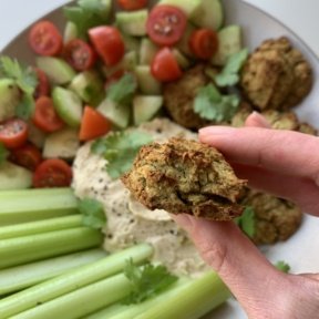 Baked Chickpea Falafel with hummus, cucumber, and tomatoes