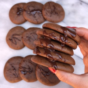 Chocolate Peanut Butter Protein Cookies with drizzled chocolate