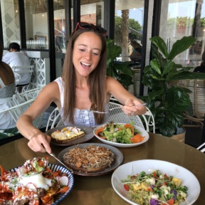 Jackie excited to eat her gluten-free pancake at The Gables