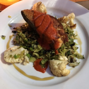 Gluten-free salmon with cauliflower and brussels sprouts from 1212 Santa Monica