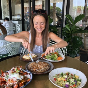 Jackie digging into gluten-free pancakes at The Gables