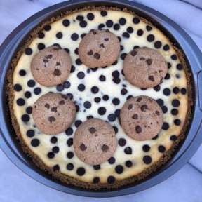 Chocolate Chip Cheesecake topped with cookies