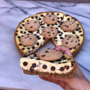 A slice of gluten-free Chocolate Chip Cheesecake